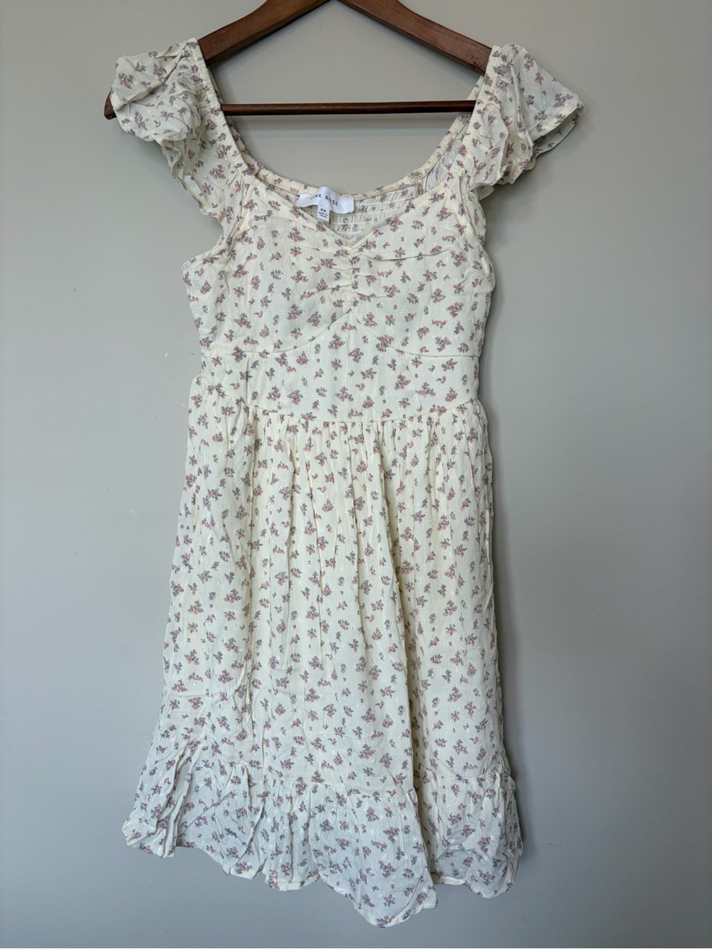Pink Rose Cream Dress with Pink Floral Print XS